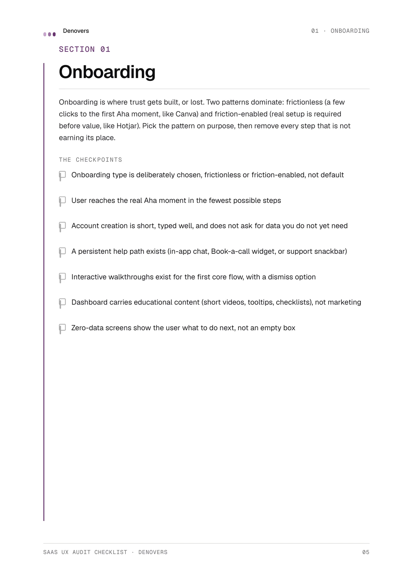 Sample page from the Denovers SaaS UX Audit Checklist showing section 01, Onboarding, with seven checkpoints