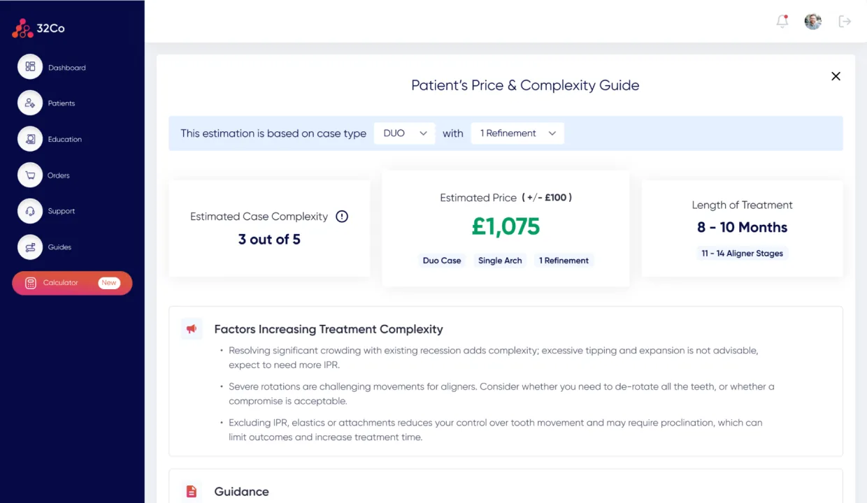 32co Pricing Calculator · result, 'Patient's Price & Complexity Guide', scope strip 'This estimation is based on case type DUO with 1 Refinement', three result tiles (Estimated Case Complexity 3 of 5, Estimated Price £1,075 in green with ±£100 tolerance · DUO Case · Single Arch · 1 Refinement, Length of Treatment 8–10 Months · 11–14 Aligner Stages), a Factors Increasing Treatment Complexity narrative, and a Guidance section beneath