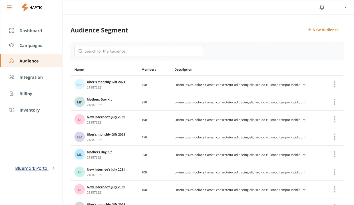 Haptic Audience, recipient management with segmented lists, addresses, and sender attribution