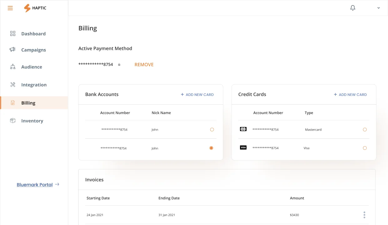 Haptic Billing, seamless and transparent invoicing for the kit, with line items broken out per project