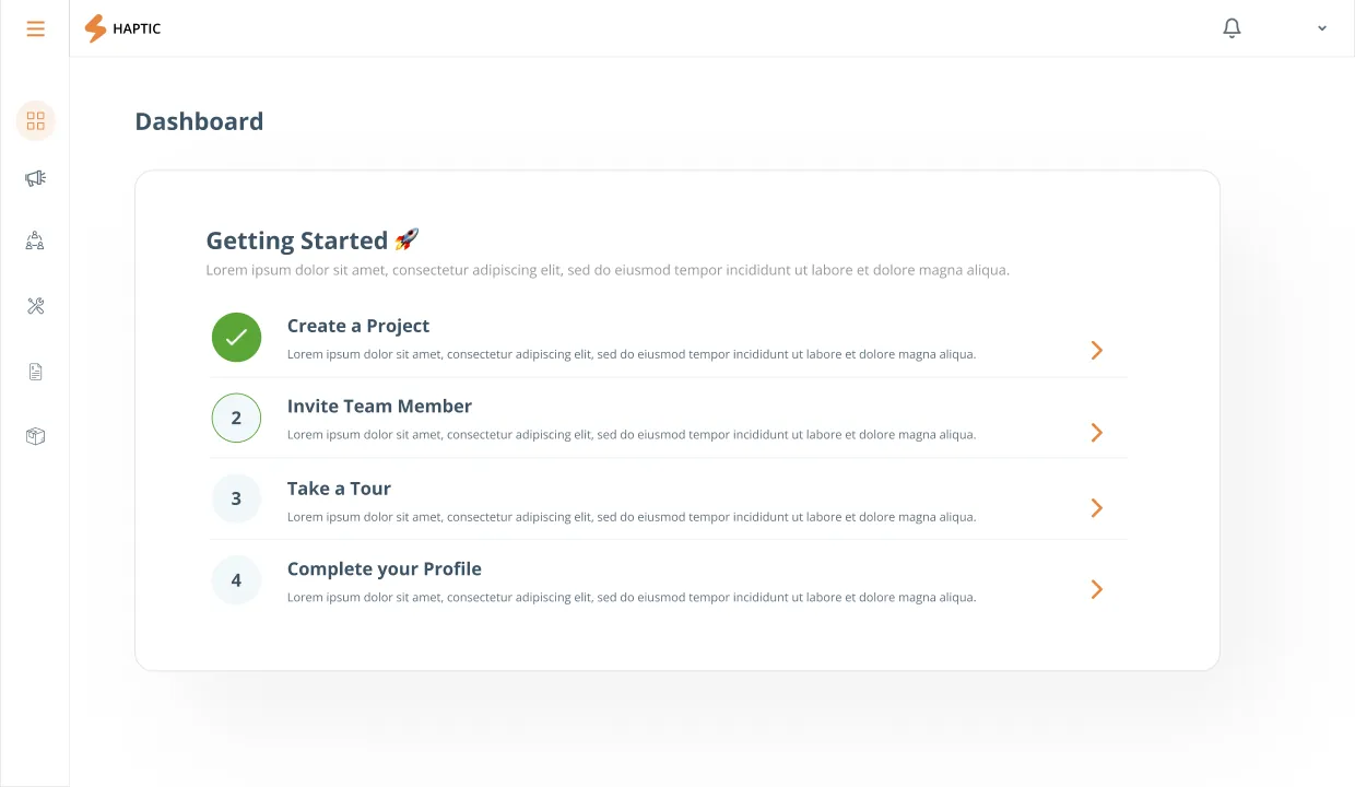 Haptic new flow, the Projects workflow mind map showing the redesigned end-to-end path: create project, invite team, take tour, complete profile, then choose a project goal