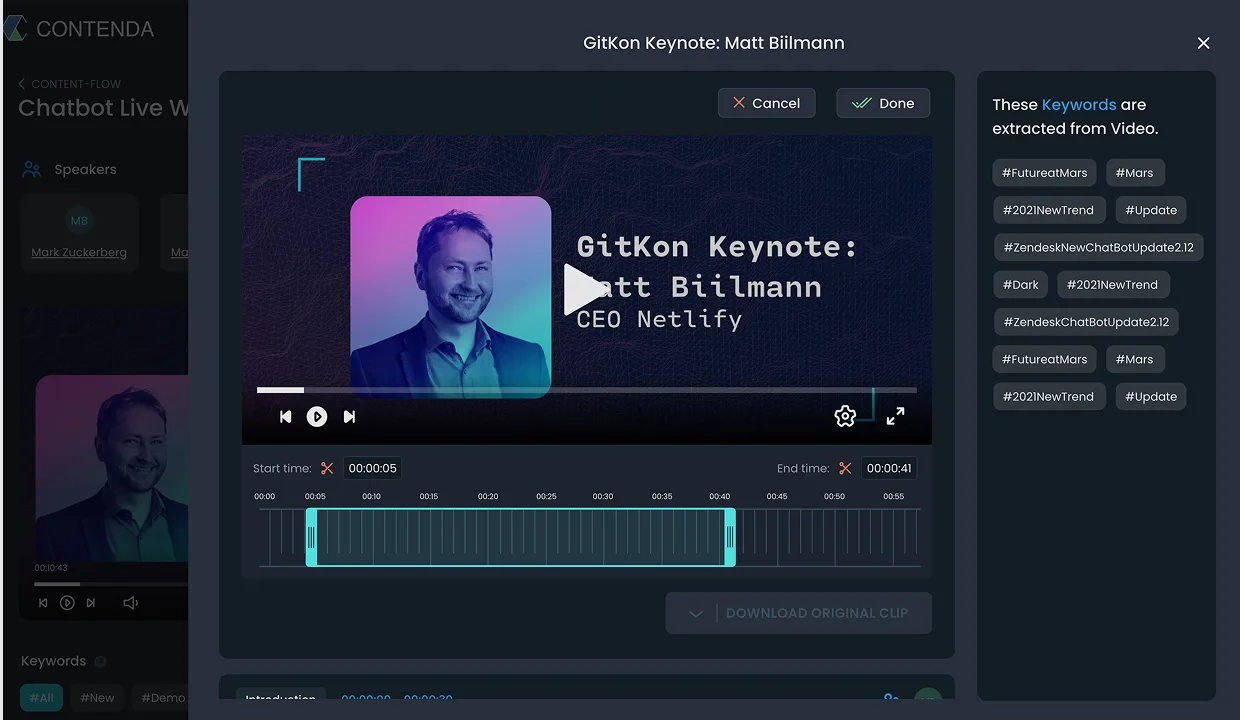 Contenda auto-generated short clips with trim feature, short-form video/audio snippets selected from the long-form, with adjustable boundaries