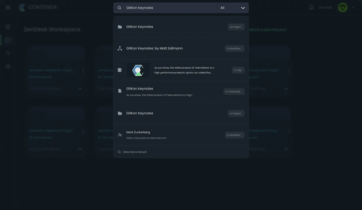Contenda Power Search, fast intelligent search across video clips, tweets, blogs, and transcripts; surfaces every project and content flow containing the keyword