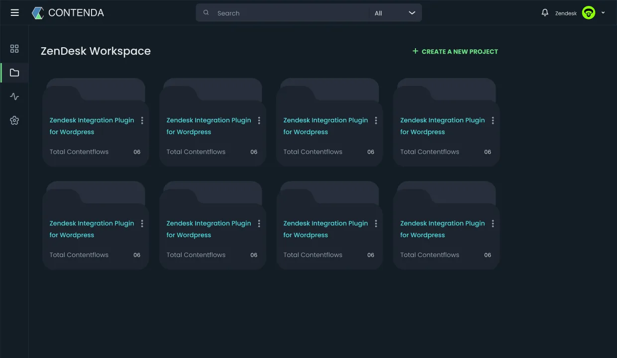 Contenda AI Project Workspace, sleek dark-themed UI, personalized workspace post-login, project section for creating and managing multiple content campaigns