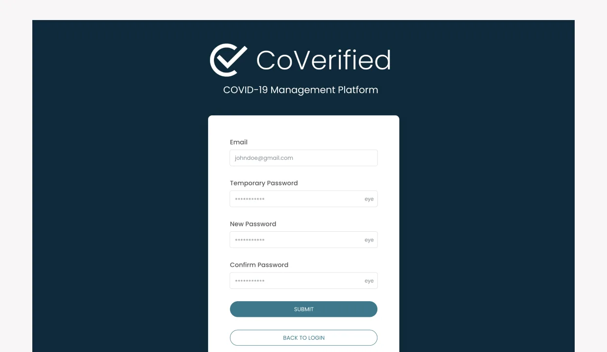 CoVerified first-login screen, navy CoVerified logomark with check-mark icon, COVID-19 Management Platform subline, white card with Email, Temporary Password, New Password, Confirm Password fields, teal Submit CTA and Back to Login secondary action
