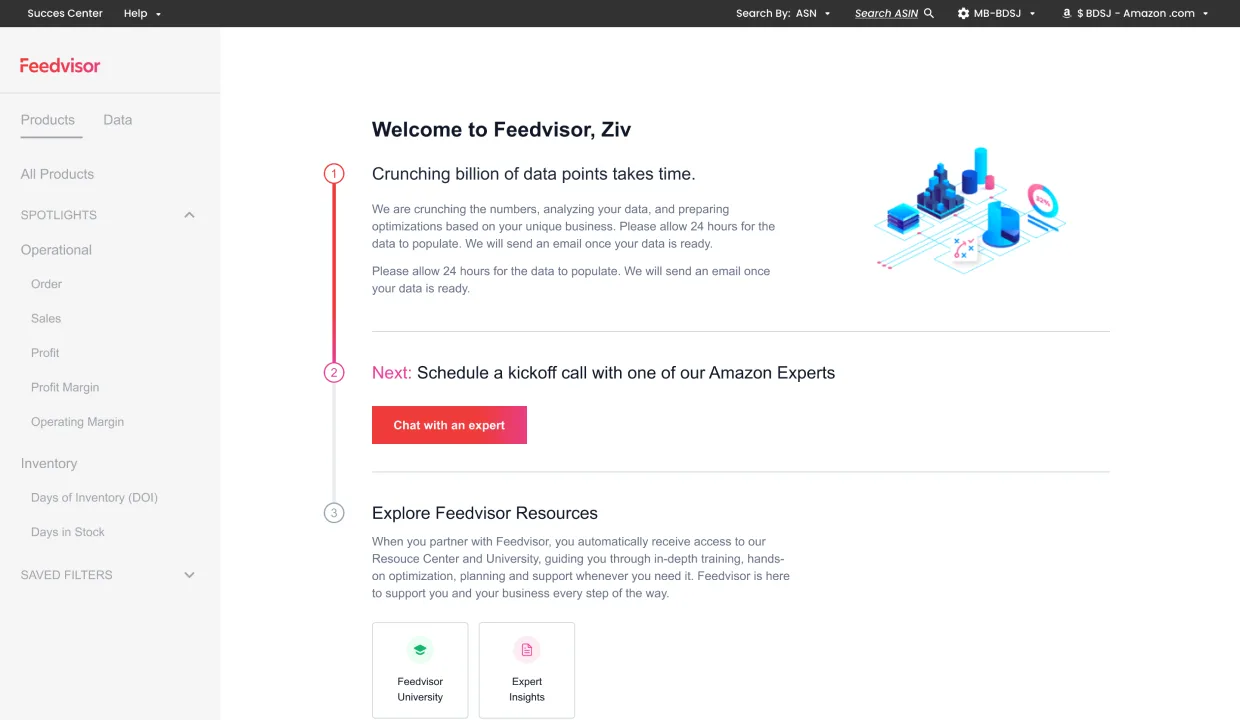 Feedvisor welcome screen. Welcome to Feedvisor headline, three-step guided progress: 1) Crunching billion of data points takes time (with 24-hour ETA), 2) Schedule a kickoff call with an Amazon Expert, 3) Explore Feedvisor Resources. Feedvisor University and Expert Insights