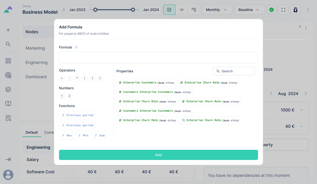Finwize Formula Builder, interactive panel that links node dependencies to financial calculations, templated formulas for spend, salaries, and live impact