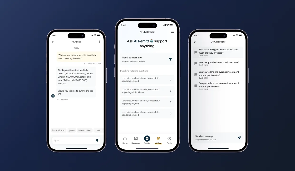 HomeRemitt agent AI chat, suggested questions, threaded responses, platform-aware answers