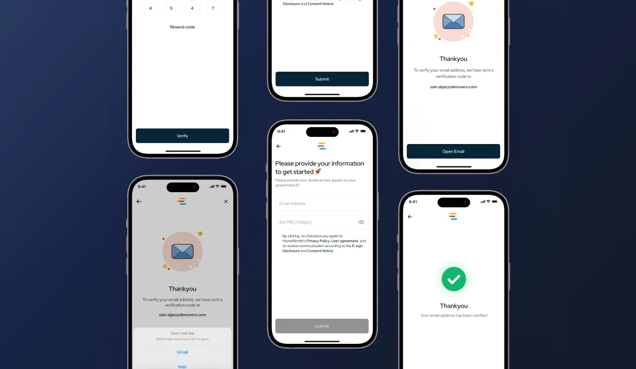 HomeRemitt registration flow, minimal-fields signup with name, country, contact, email, ID, date of birth and progress indicator