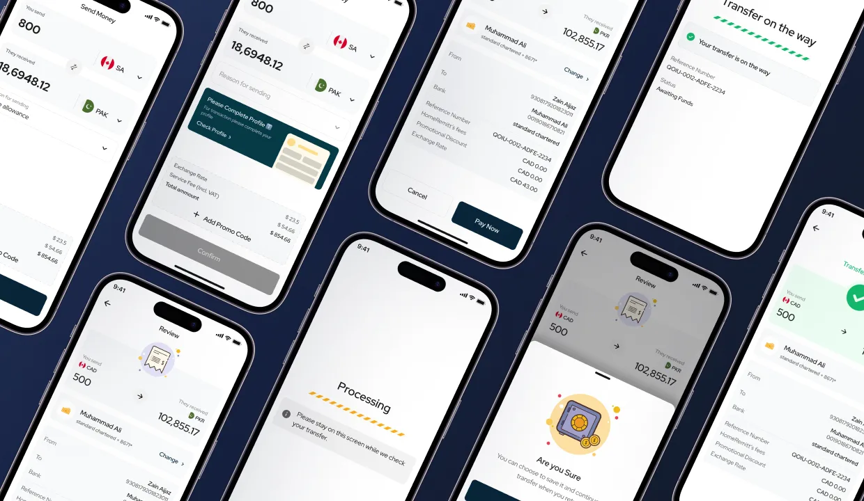HomeRemitt send-money review and confirmation, transparent fee breakdown, limit and profile checks, pay button