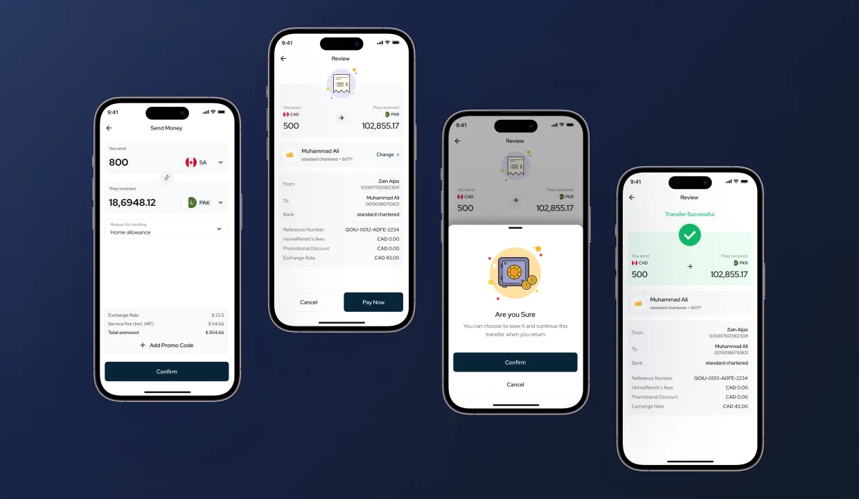 HomeRemitt send-money flow start, transfer type selection, beneficiary picker, amount entry with live currency preview