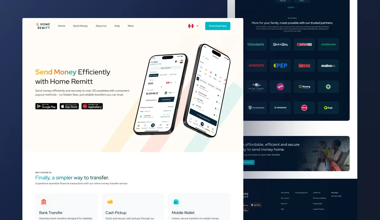 HomeRemitt send-money web page, search by destination country, payout partners per country, country-specific guidance and flag