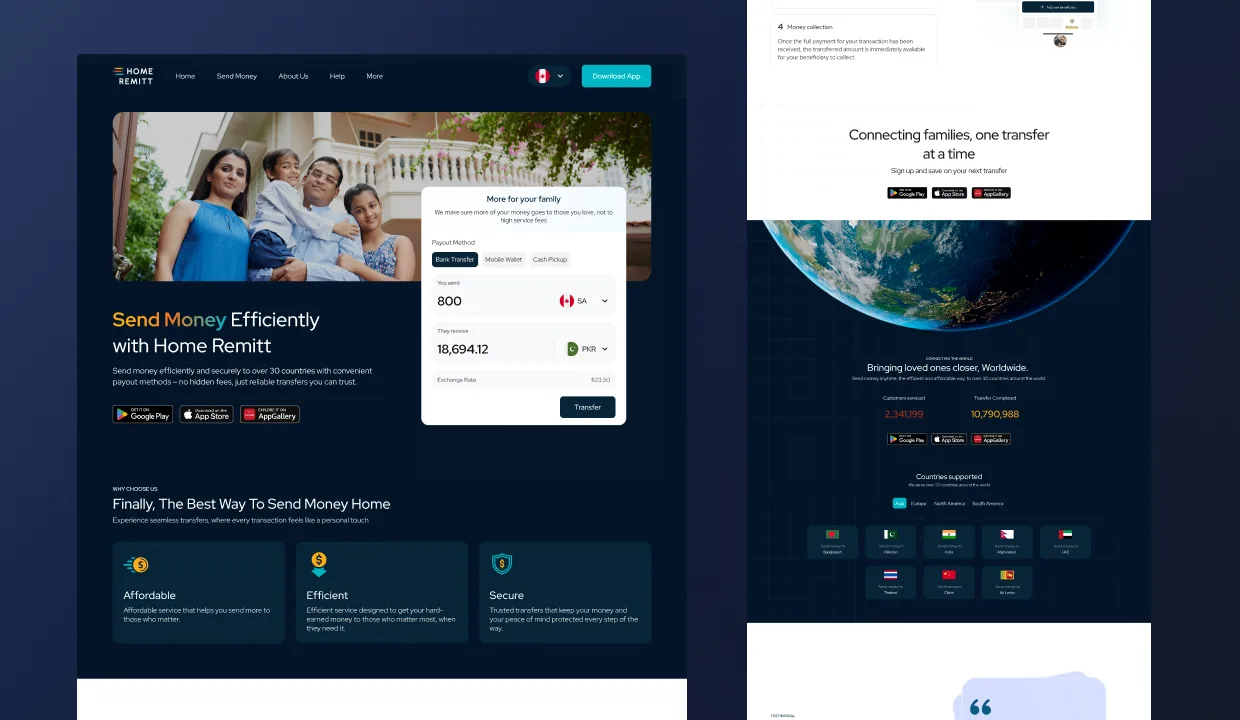 HomeRemitt marketing site homepage, calculator hero, three USPs (affordable, efficient, secure), four-step send flow, supported countries map, KPIs