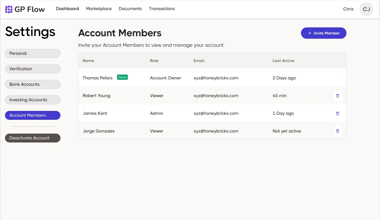 GP Flow Settings · Account Members. Account Members table with Name / Role / Email / Last Active columns, Owner / Admin / Viewer roles, Thomas Peters as Account Owner with Owner pill, Robert Young as Viewer, James Kent as Admin, Jorge Gonzales as Viewer with delete icons on non-owner rows, plus a top-right + Invite Member CTA