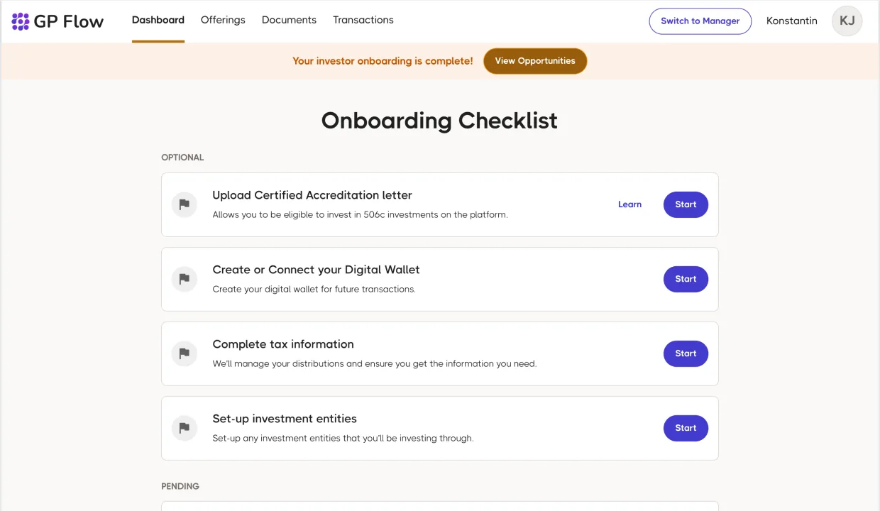 GP Flow Onboarding Checklist, orange ‘Your investor onboarding is complete!’ banner with a View Opportunities CTA, then an Optional list of cards (Upload Certified Accreditation Letter, Create or Connect your Digital Wallet, Complete tax information, Set-up investment entities) each with a Start CTA, plus a Pending section below