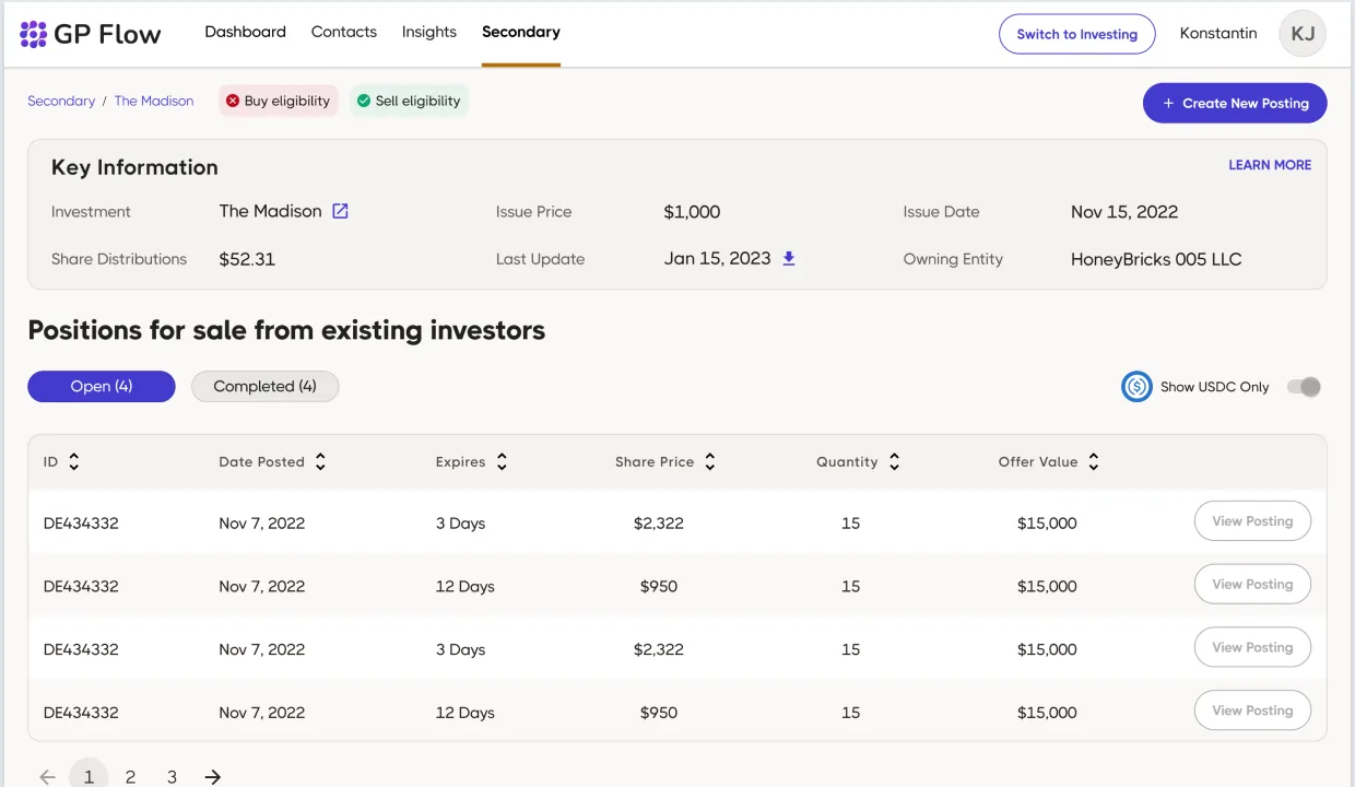 GP Flow Secondary Market. Secondary / The Madison breadcrumb, Buy eligibility (red dot) and Sell eligibility (green dot) pills, Key Information panel (Investment: The Madison, Issue Price $1,000, Issue Date Nov 15 2022, Share Distributions $52.31, Last Update Jan 15 2023, Owning Entity HoneyBricks 005 LLC), 'Positions for sale from existing investors' section with Open (4) / Completed (4) tabs, Show USDC Only toggle, and a sortable Postings table (ID, Date Posted, Expires, Share Price, Quantity, Offer Value, View Posting)