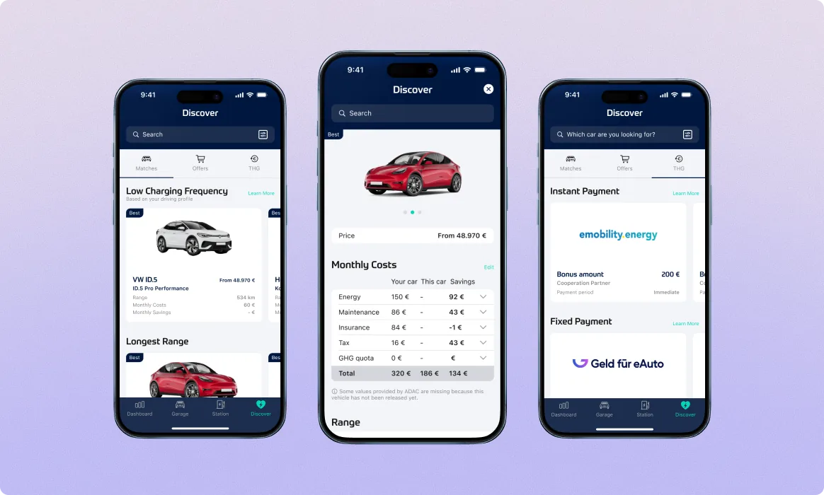Lity Discover marketplace, three phones showing low-charging-frequency EV listings with longest range, a Tesla detail page with monthly cost breakdown, and EV detail with instant payment and Gold for eAuto financing options