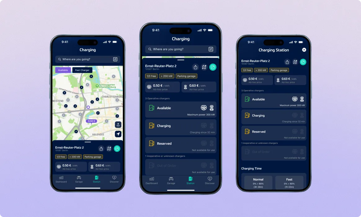 Lity Charging session views, three phones showing the live charging map with station pins, station detail page with availability and pricing, and an in-progress charging session