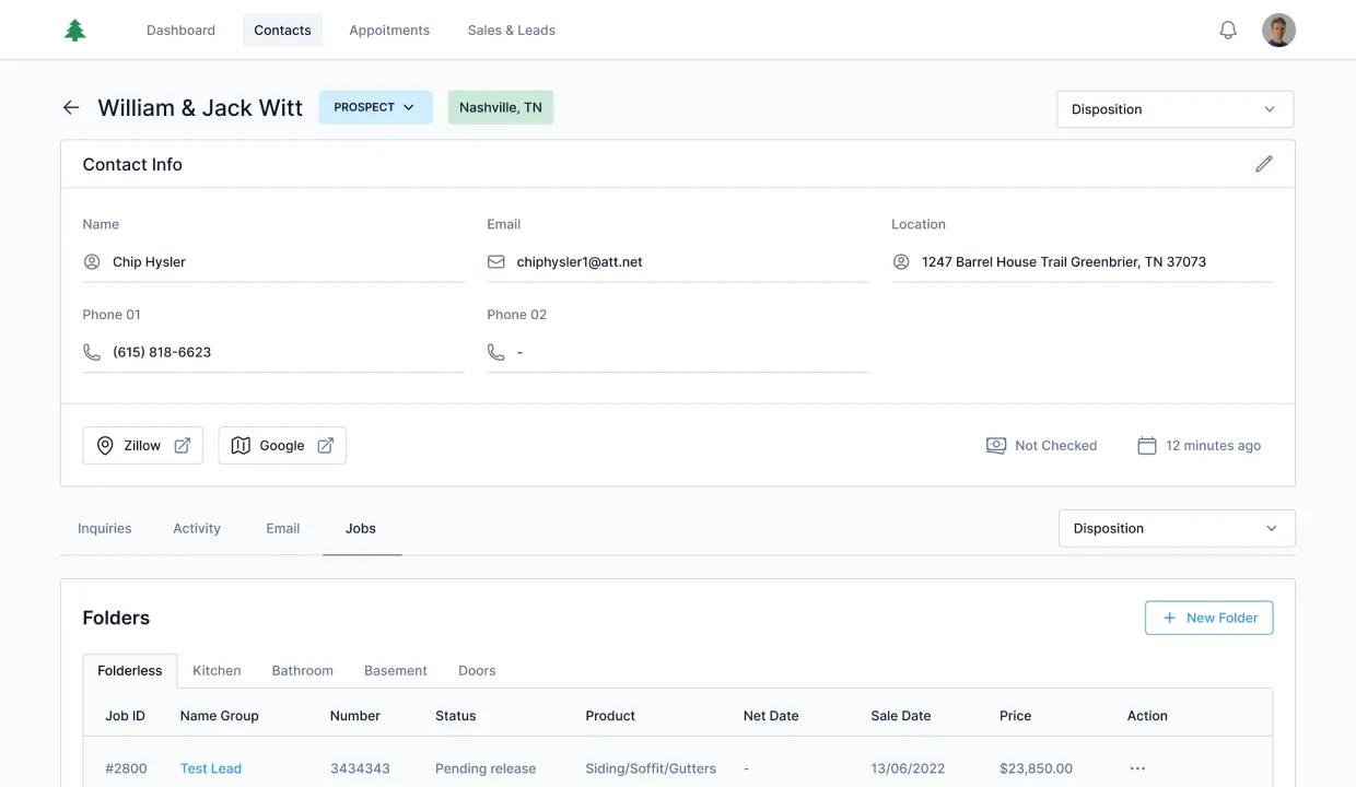 Midtown CRM Contact detail, full record including contact info, Zillow + Google location, disposition dropdown, and tabbed inquiries / activity / email / jobs history with folder-organized job views by product line