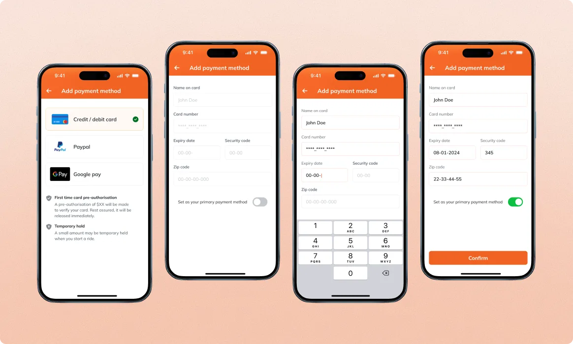 Neuron input fields. Material-design-aligned input components shown across four Add Payment Method screens, demonstrating consistent label, validation, and entry patterns