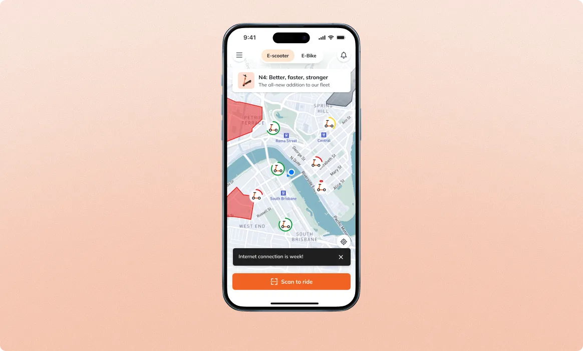 Neuron snackbar feedback, floating message at the bottom of the rider home map screen, non-intrusive with an explicit close affordance