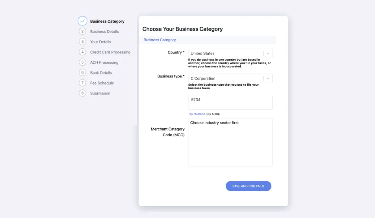Old PayEngine onboarding, long monolithic form with poor progress indication and unclear next steps