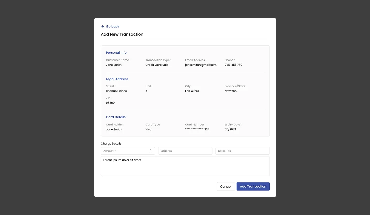 PayEngine Add Transaction, modal flow for creating a new transaction with merchant, method, amount, and processor selection in a single focused dialog