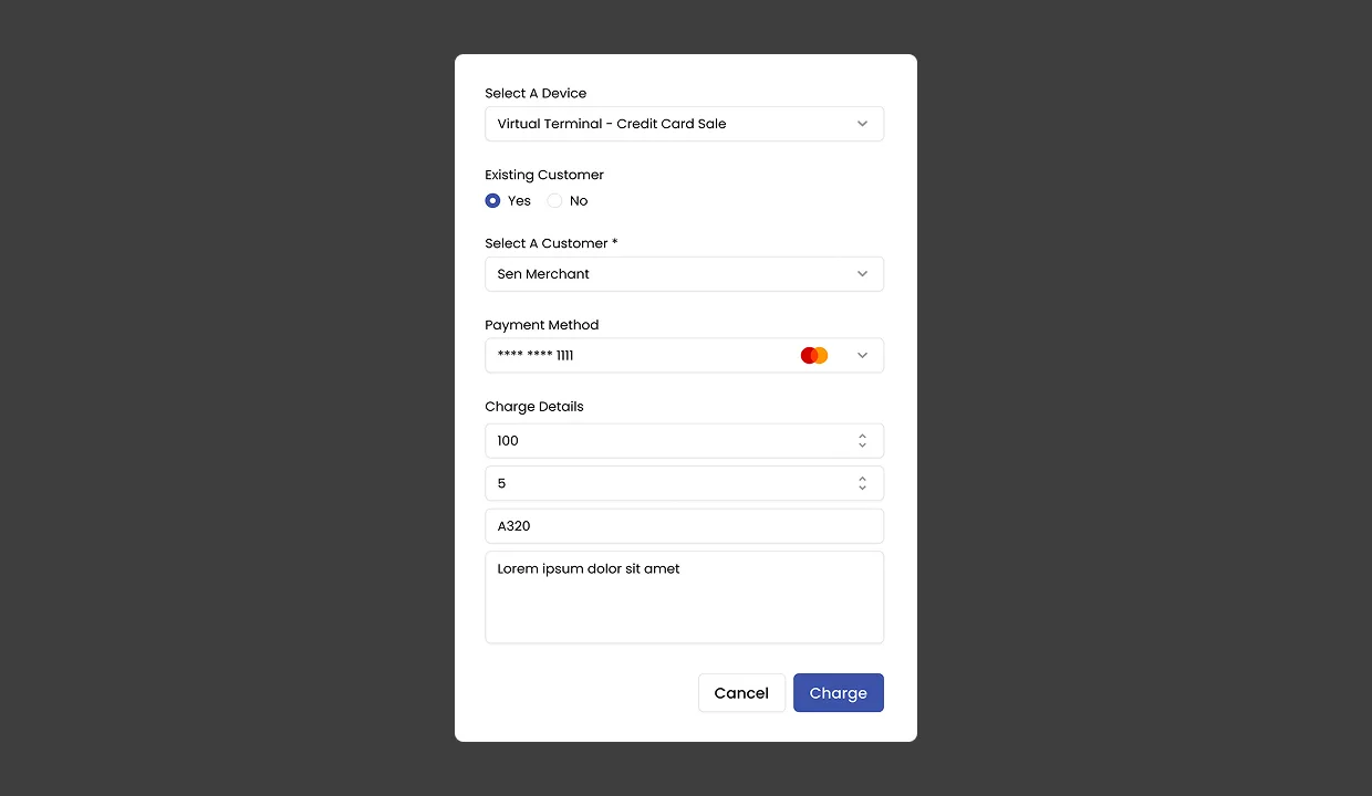 PayEngine Charge, focused amount-charging surface with clean numeric input, currency selection, and processor route preview