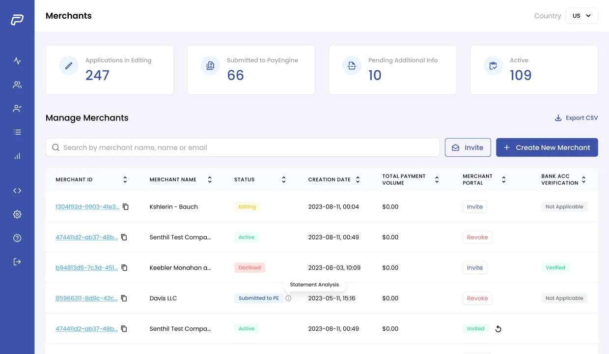 PayEngine Merchants, a redesigned merchant directory shown during the 7-day demo with logos, status pills, processor and risk indicators in a clean table layout