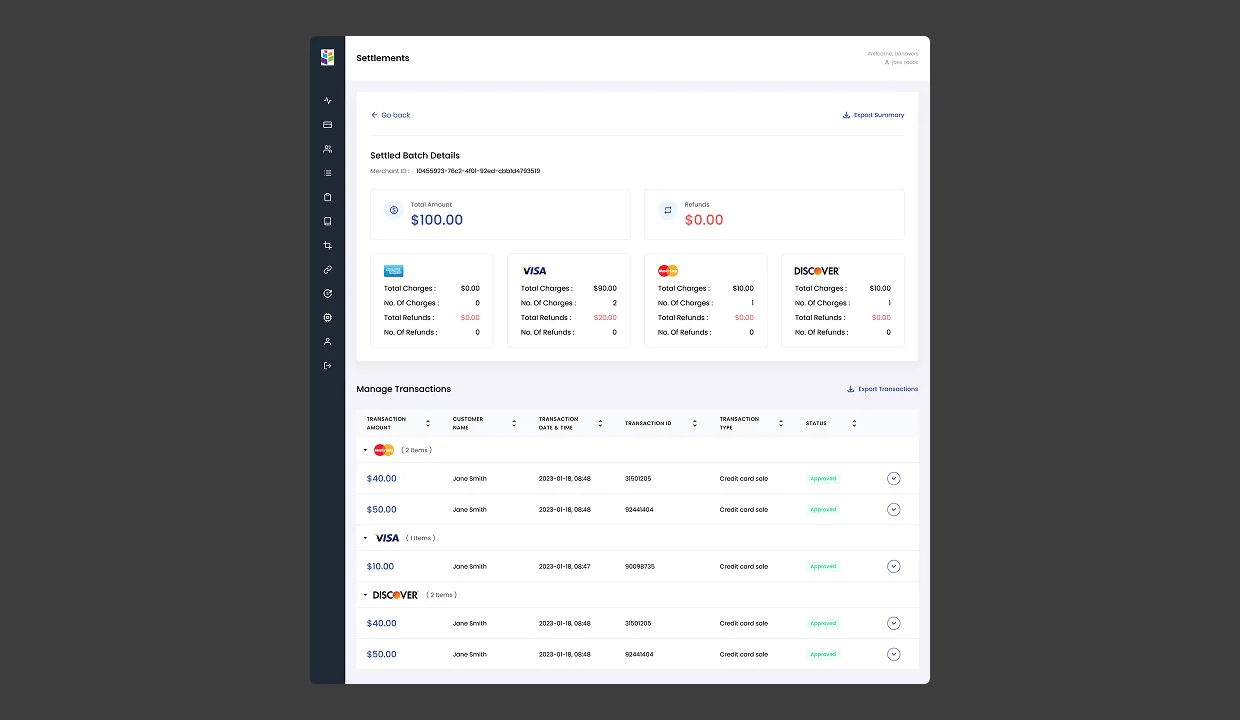 PayEngine Settlements, payouts and settlement runs with batch totals, processor splits, and downloadable reports for finance ops
