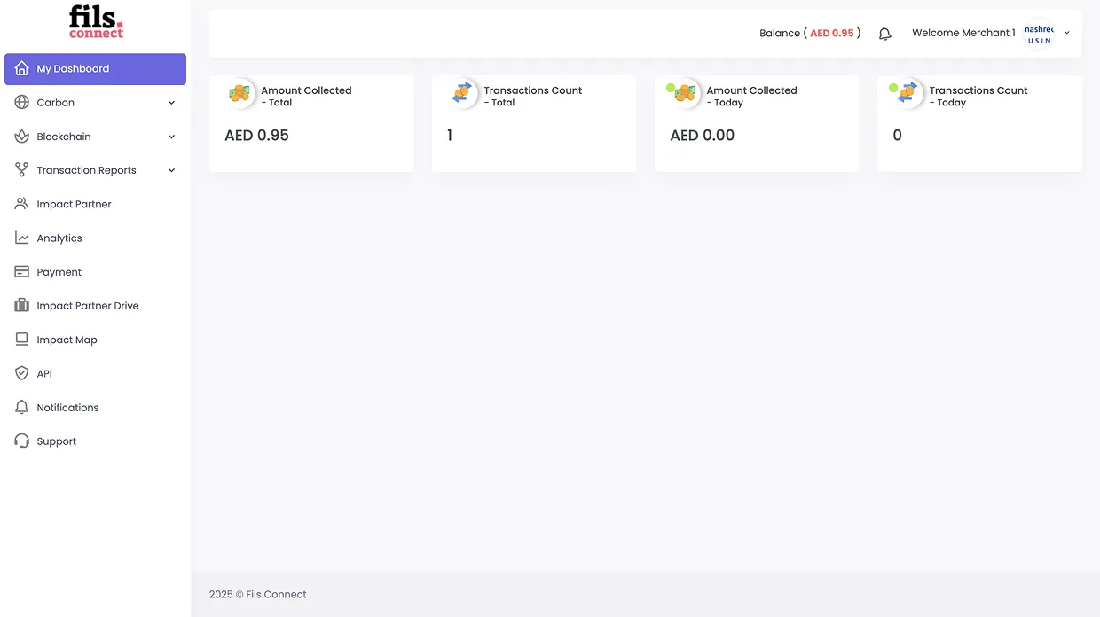 Old Fils merchant dashboard, sparse stat tiles with cute icons, mostly empty layout, single-tenant