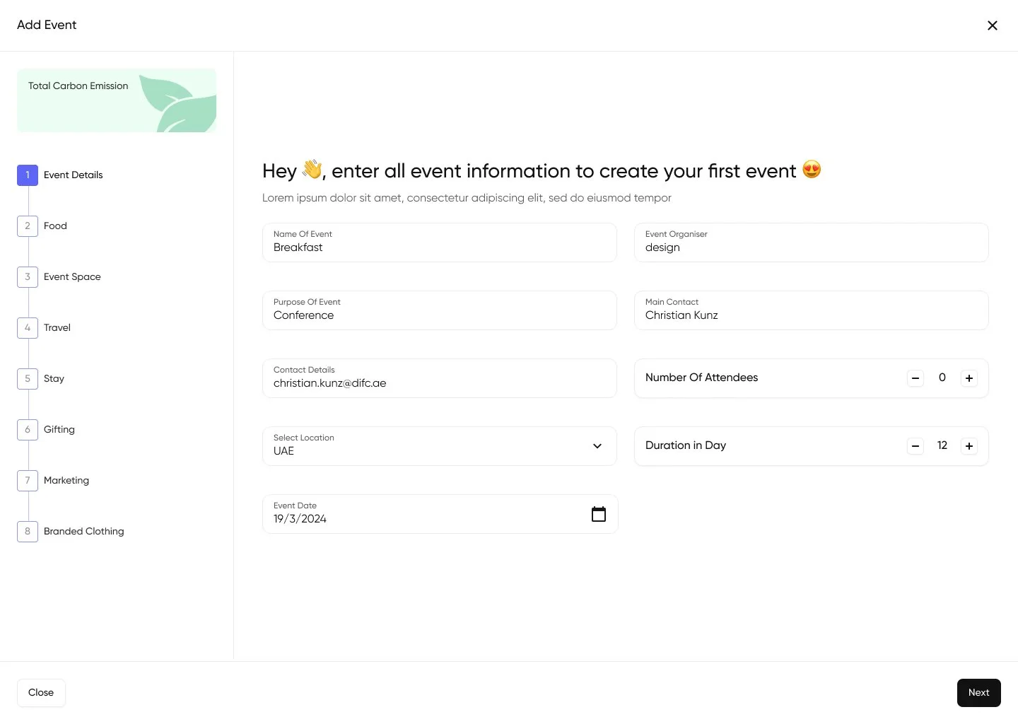 Event wizard step 1 of 8, event details